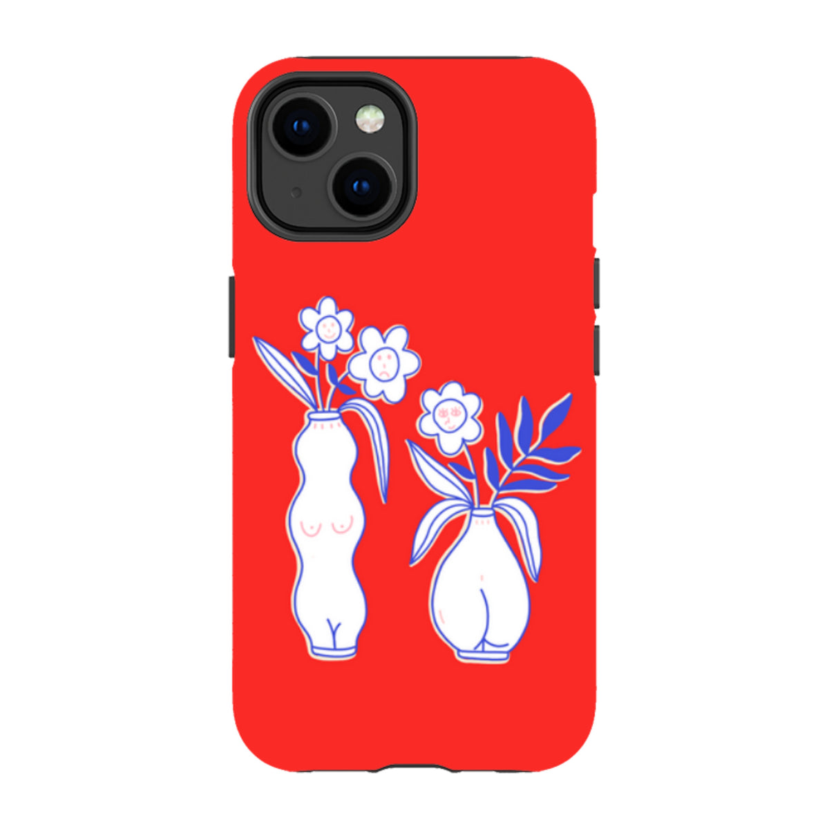 Bright red iPhone tough case featuring a white and blue line-art illustration of two vases with flowers.