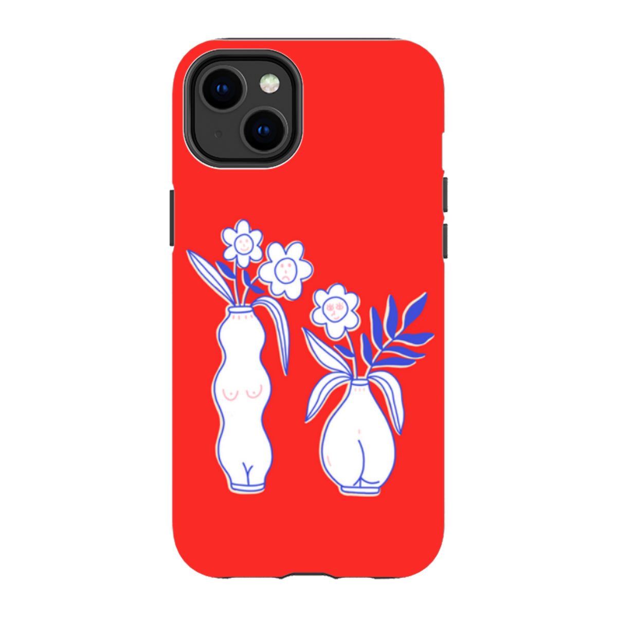 Red iPhone tough case featuring a white vase and flower illustration with blue line art and dual-layer protective design.