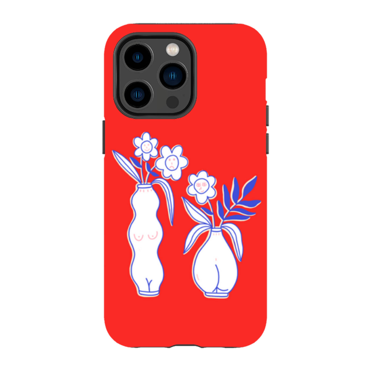Bright red iPhone tough case featuring a white line-art illustration of two vases with flowers and faces.