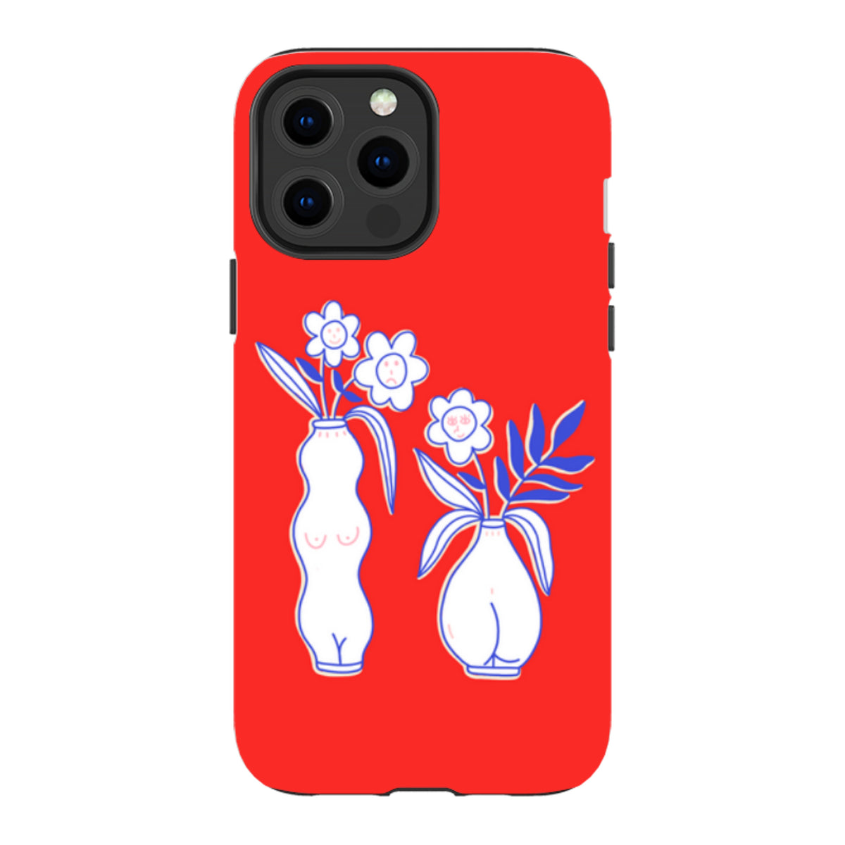 iPhone tough case in bright red with blue and white line art of two vases containing flowers with faces.