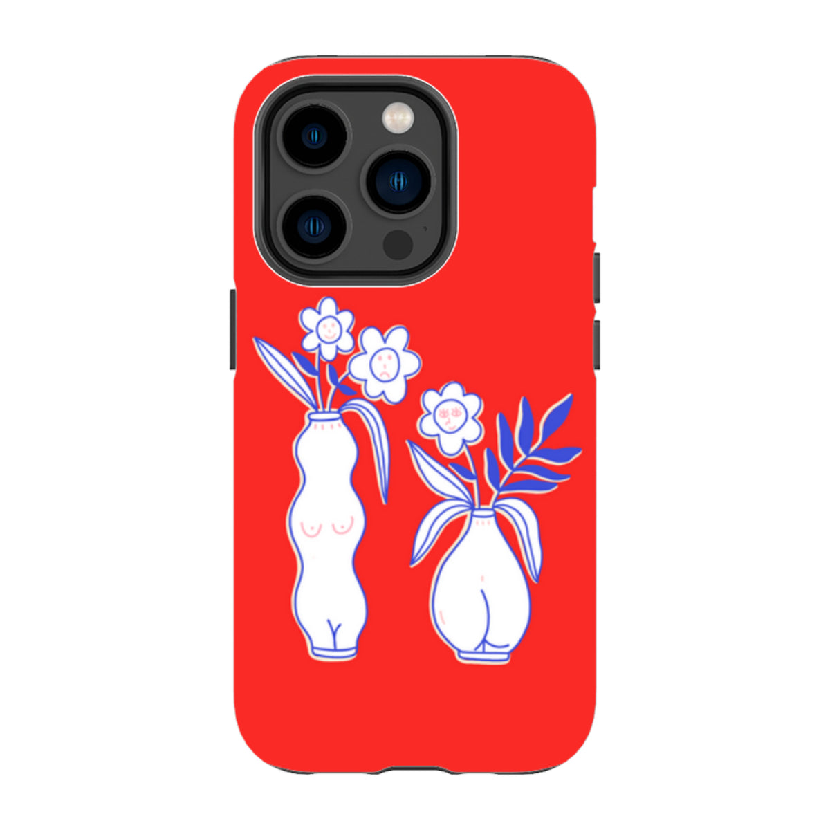 Red iPhone tough case featuring a white vase and flower illustration with blue line art and a durable dual-layer design.