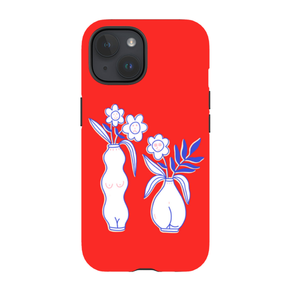 Red iPhone tough case featuring a white vase and flower illustration with blue line art and dual-layer protective design.