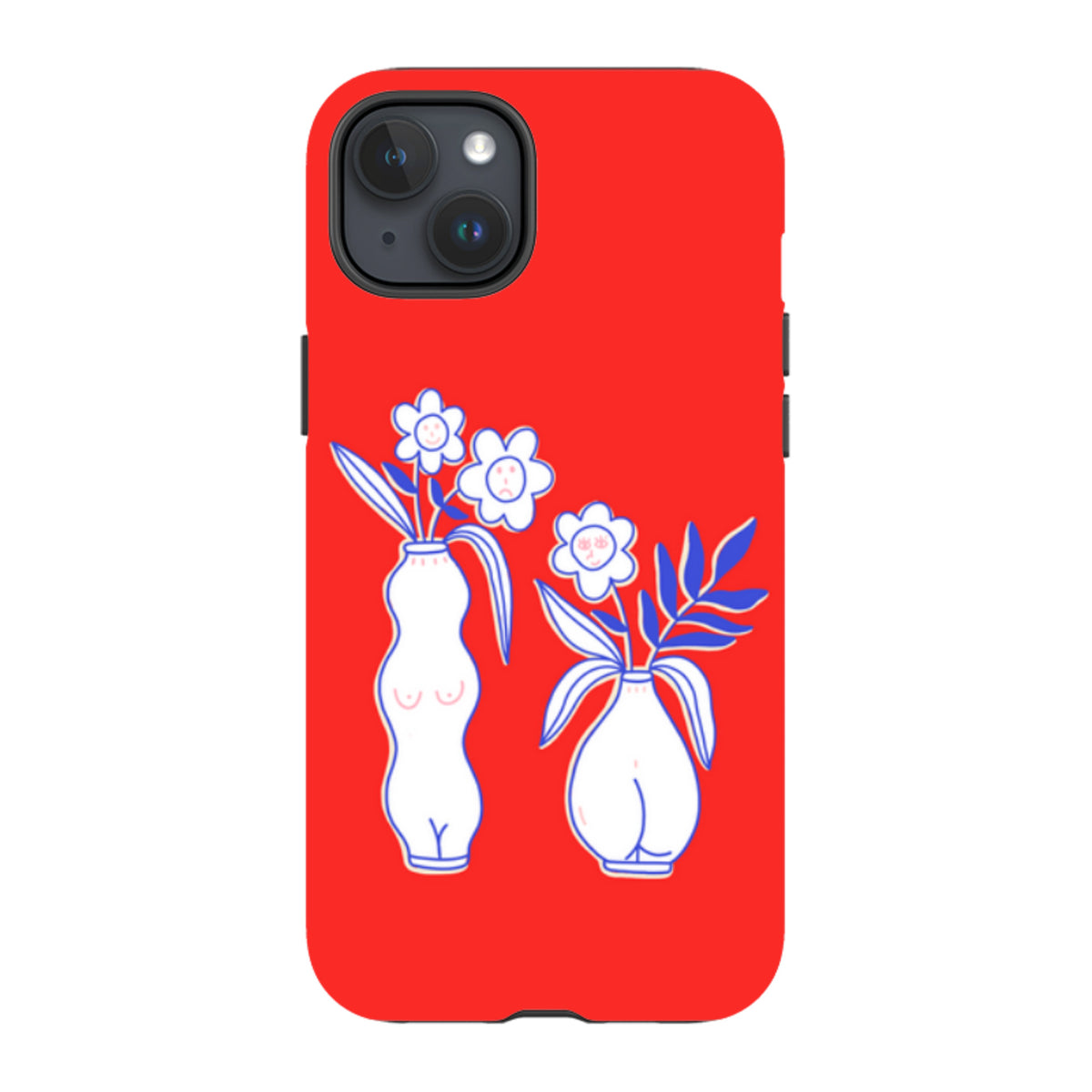 iPhone tough case in bright red featuring a blue line-art illustration of two vases with flowers and faces.