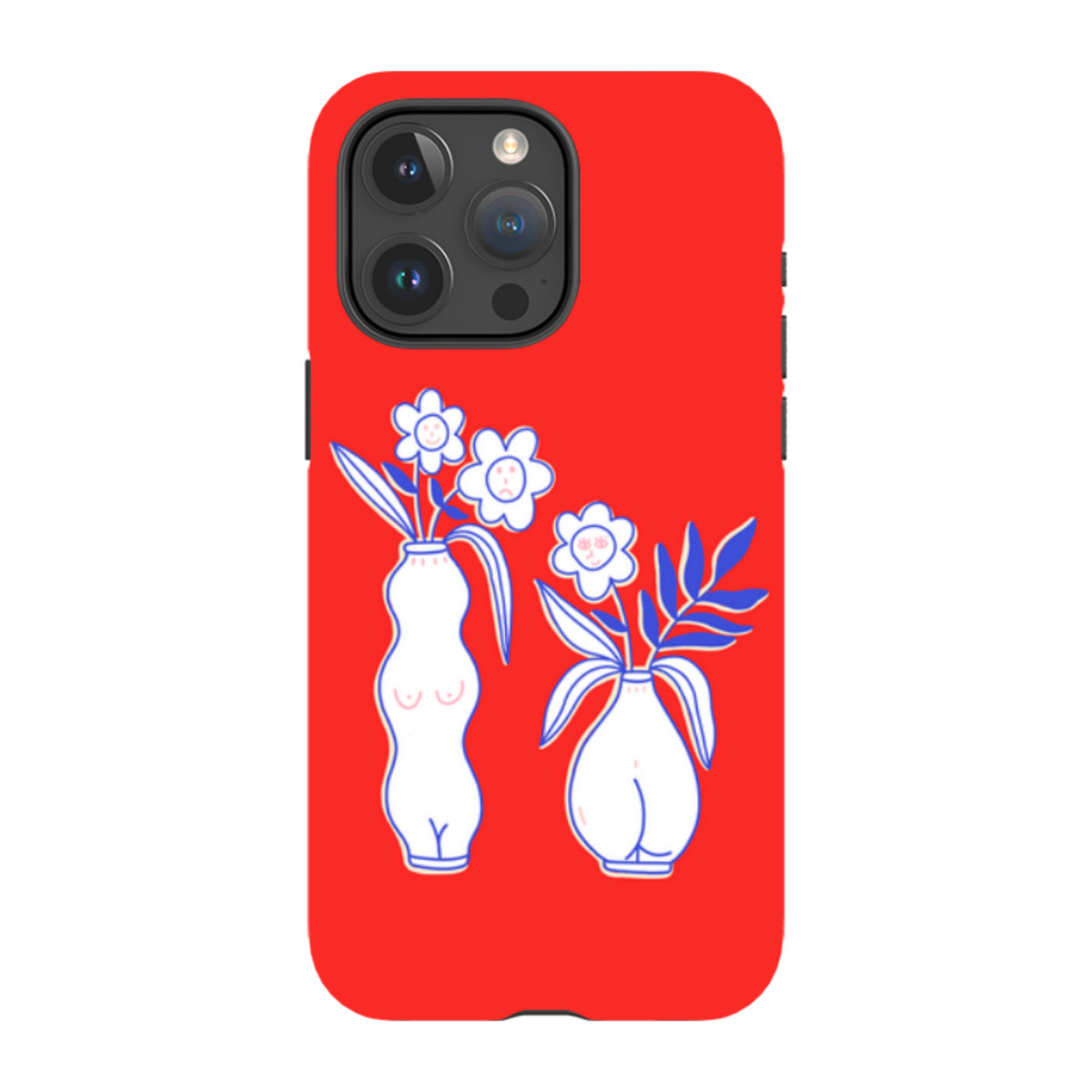 Red iPhone tough case featuring a white line-art illustration of two vases with flowers and faces.