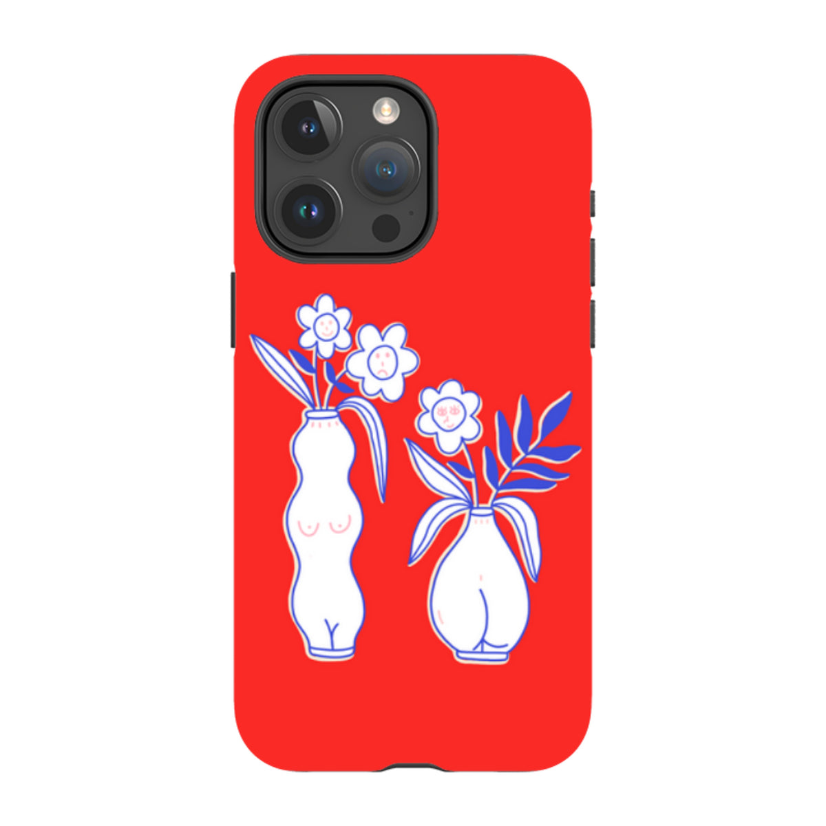 Red iPhone tough case featuring a white and blue line art design of two vase-shaped figures with flowers.