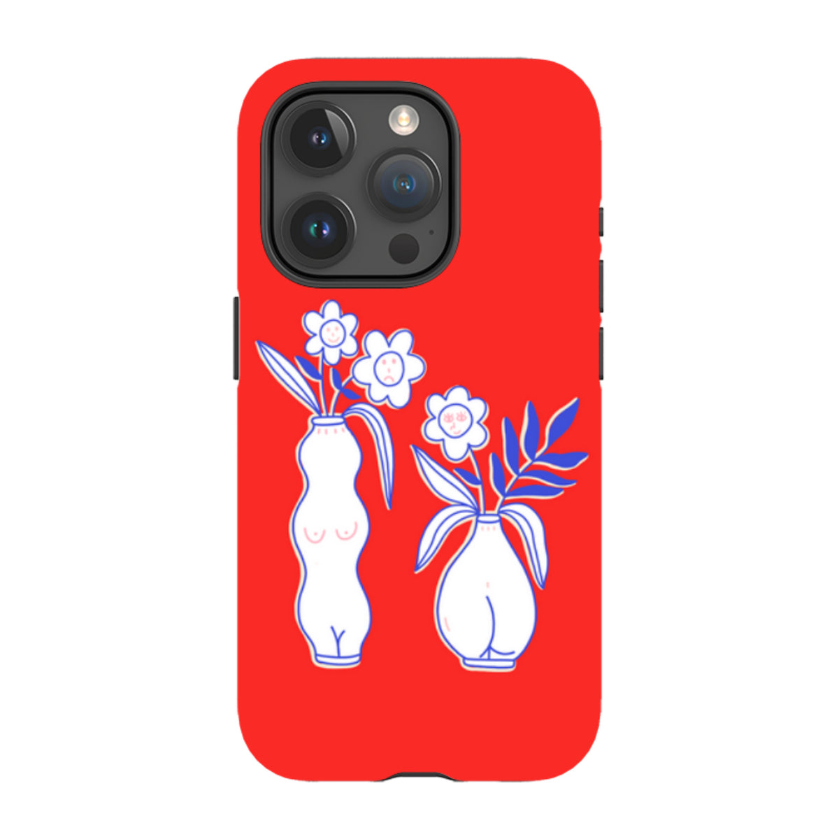Red iPhone tough case featuring a white and blue line art design of two vases with flowers and faces.