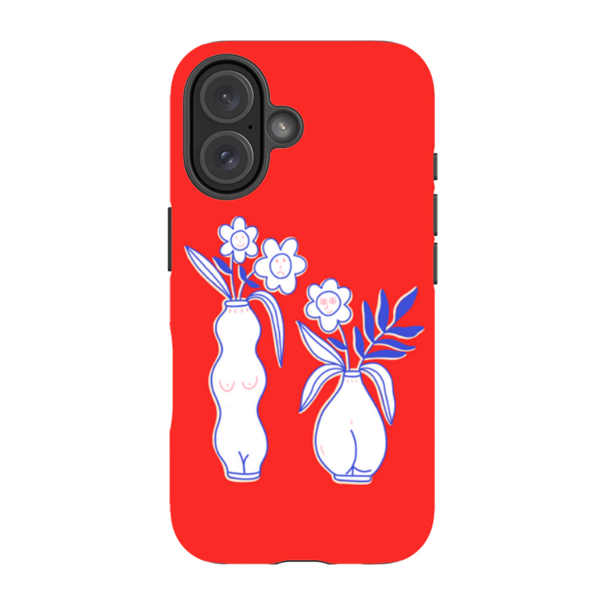 Bright red iPhone tough case featuring a white and blue line art design of two vases with whimsical flower faces.
