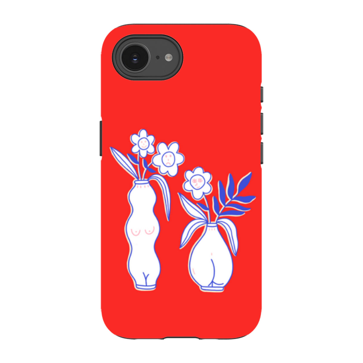 Red iPhone tough case featuring a white line-art illustration of two vases with flowers and faces.