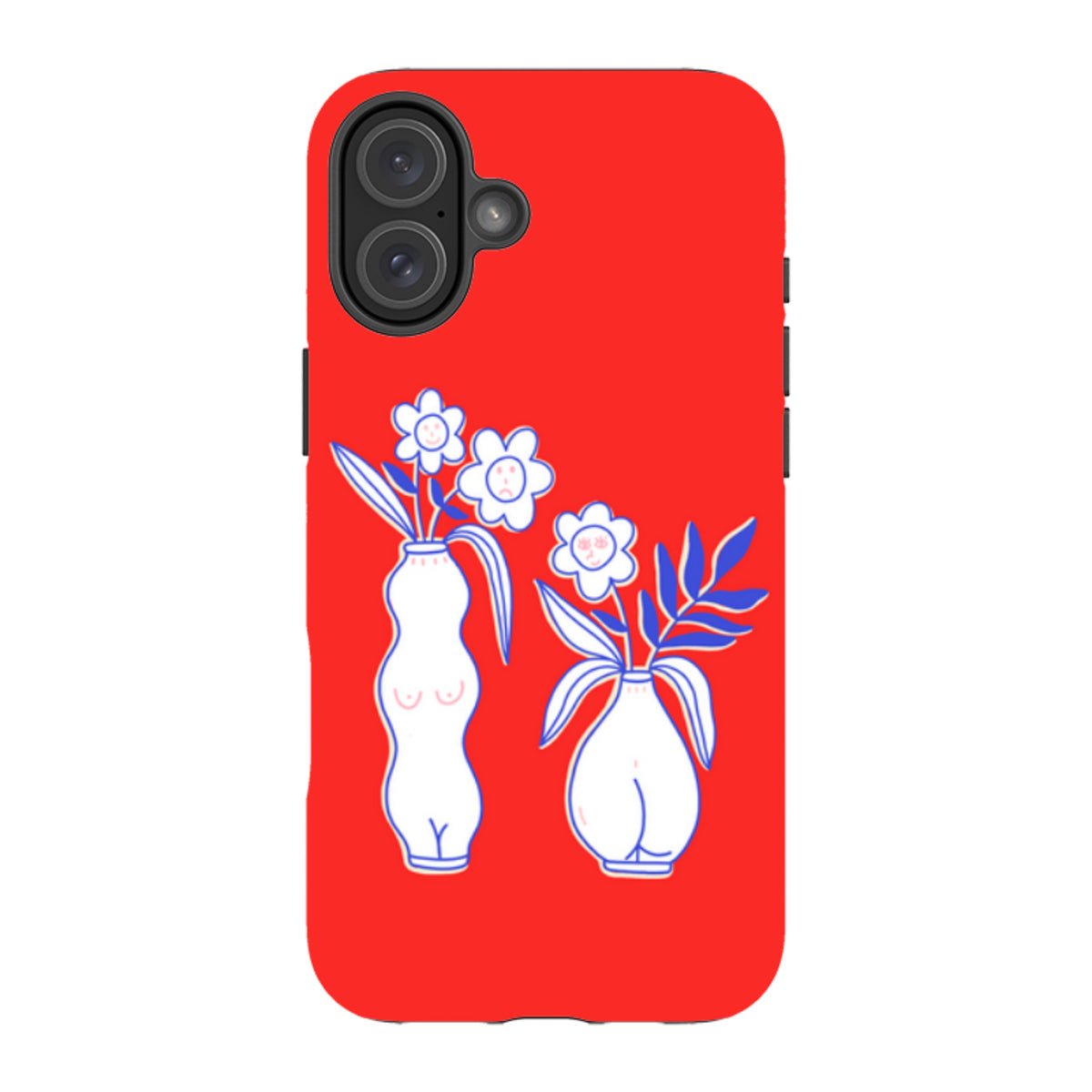 Bright red iPhone tough case featuring a white line-art design of two vases with flowers and faces.