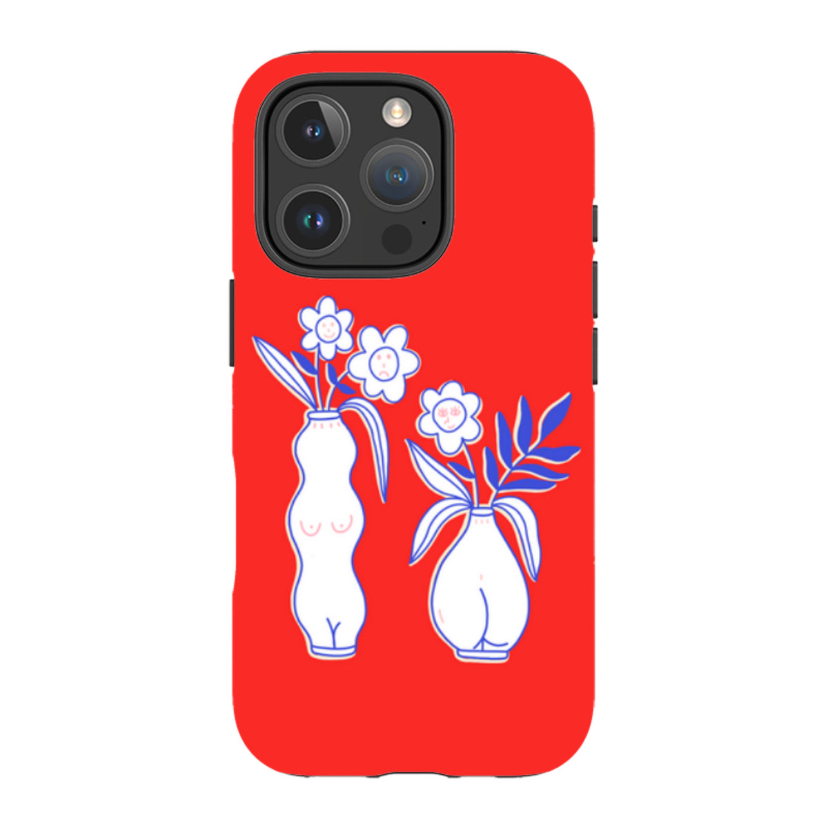 Red iPhone tough case featuring white vase illustrations with blue floral line art and a durable dual-layer design.