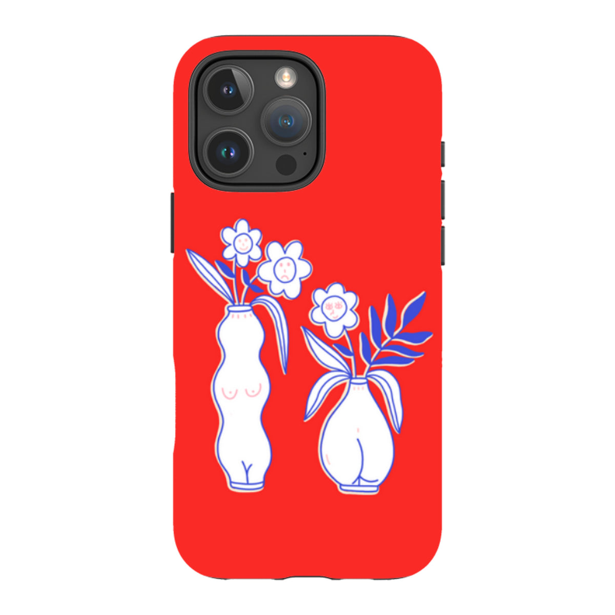 Bright red iPhone tough case featuring a white line-art illustration of two vases with flowers and faces.