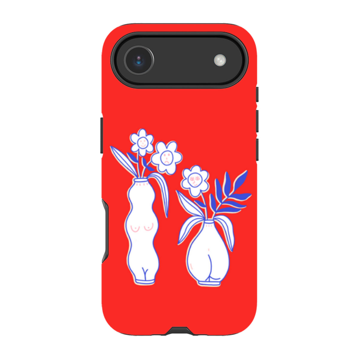 Red iPhone tough case featuring white vases with blue floral line art and a durable dual-layer protective design.