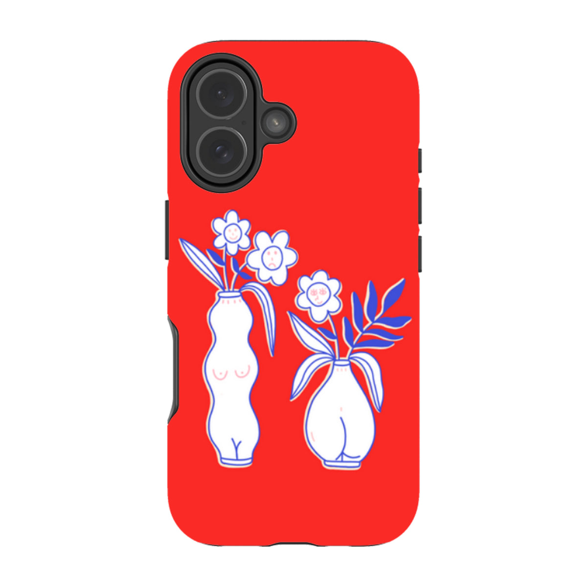Red iPhone tough case featuring a white vase and flower illustration with blue outlines and dual-layer protective design.