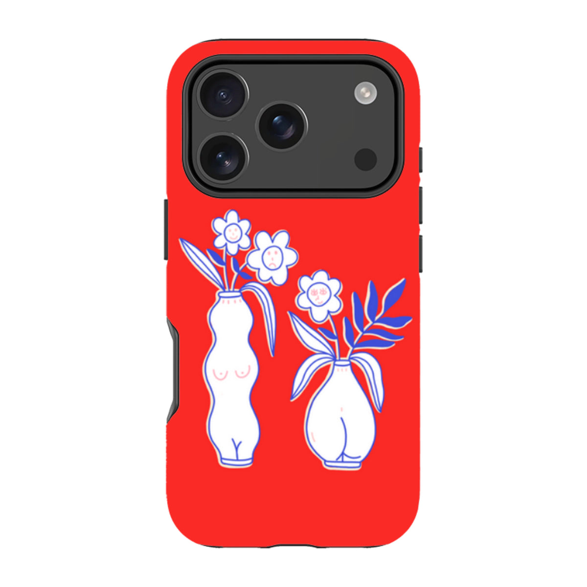 Red iPhone tough case featuring a white vase and flower illustration with blue outlines and dual-layer protection.