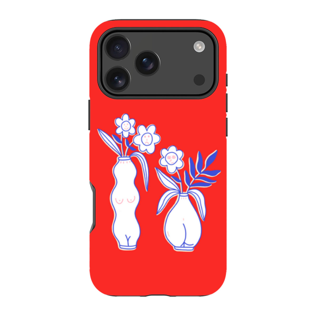 Red iPhone tough case featuring a white vase and flower illustration with blue outlines and dual-layer protective design.