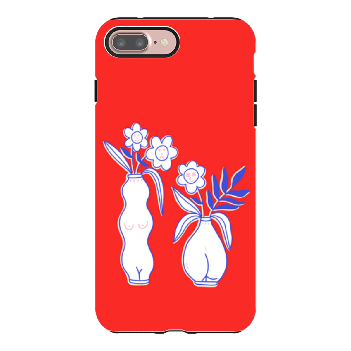 iPhone tough case in bright red with a white and blue line-art illustration of two vases containing smiling flowers.
