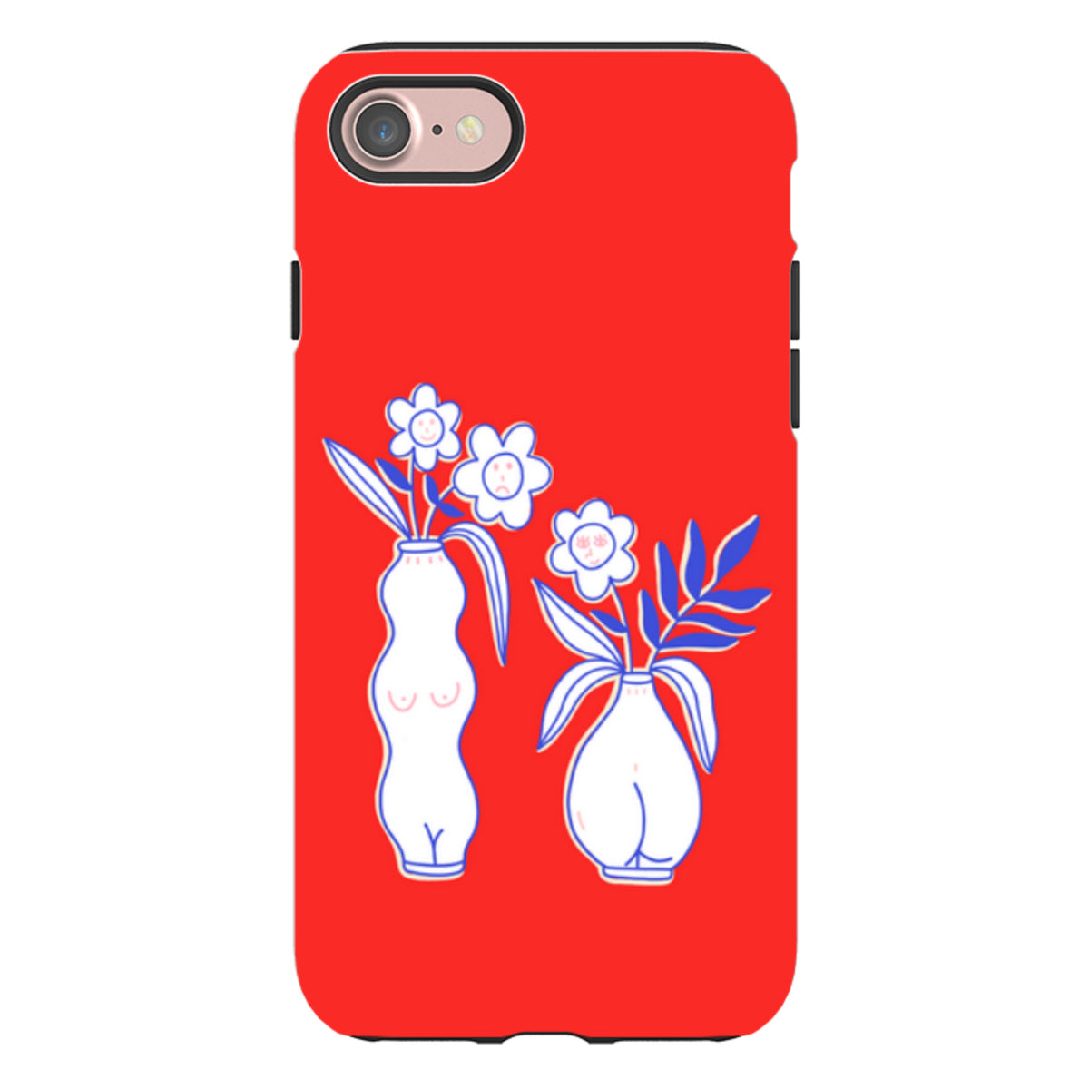 Red dual-layer iPhone tough case featuring a white line-art illustration of two flower vases with faces.