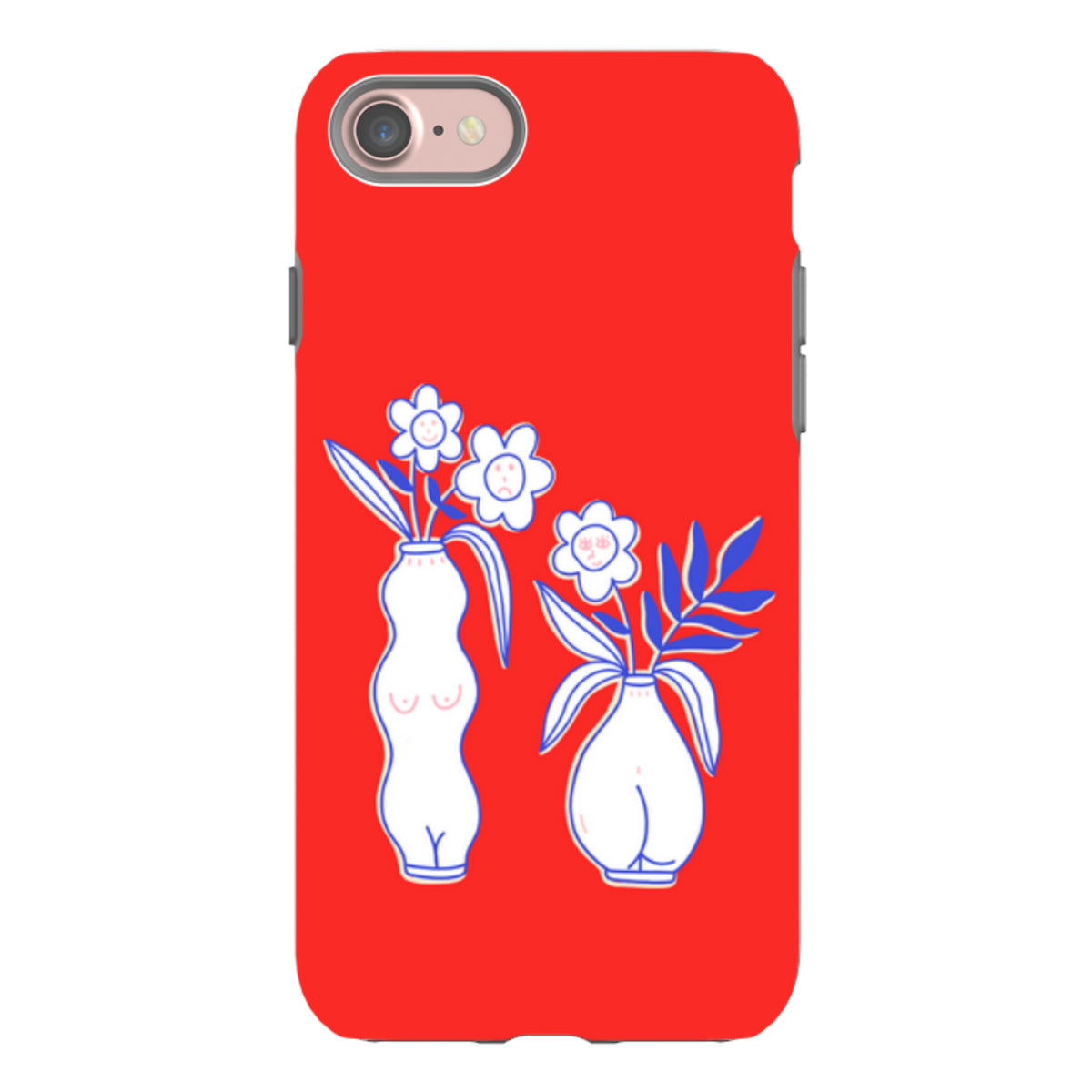 Red iPhone tough case featuring white line-art vases with floral faces and dual-layer protective design.