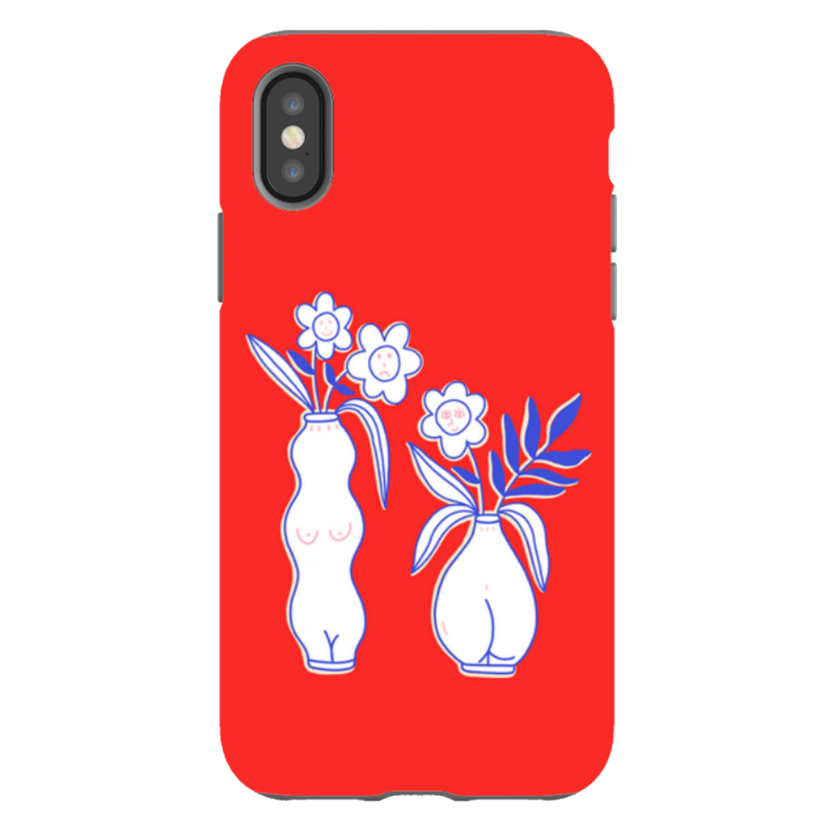 Red iPhone tough case featuring a white line-art illustration of two vases with flowers and faces.