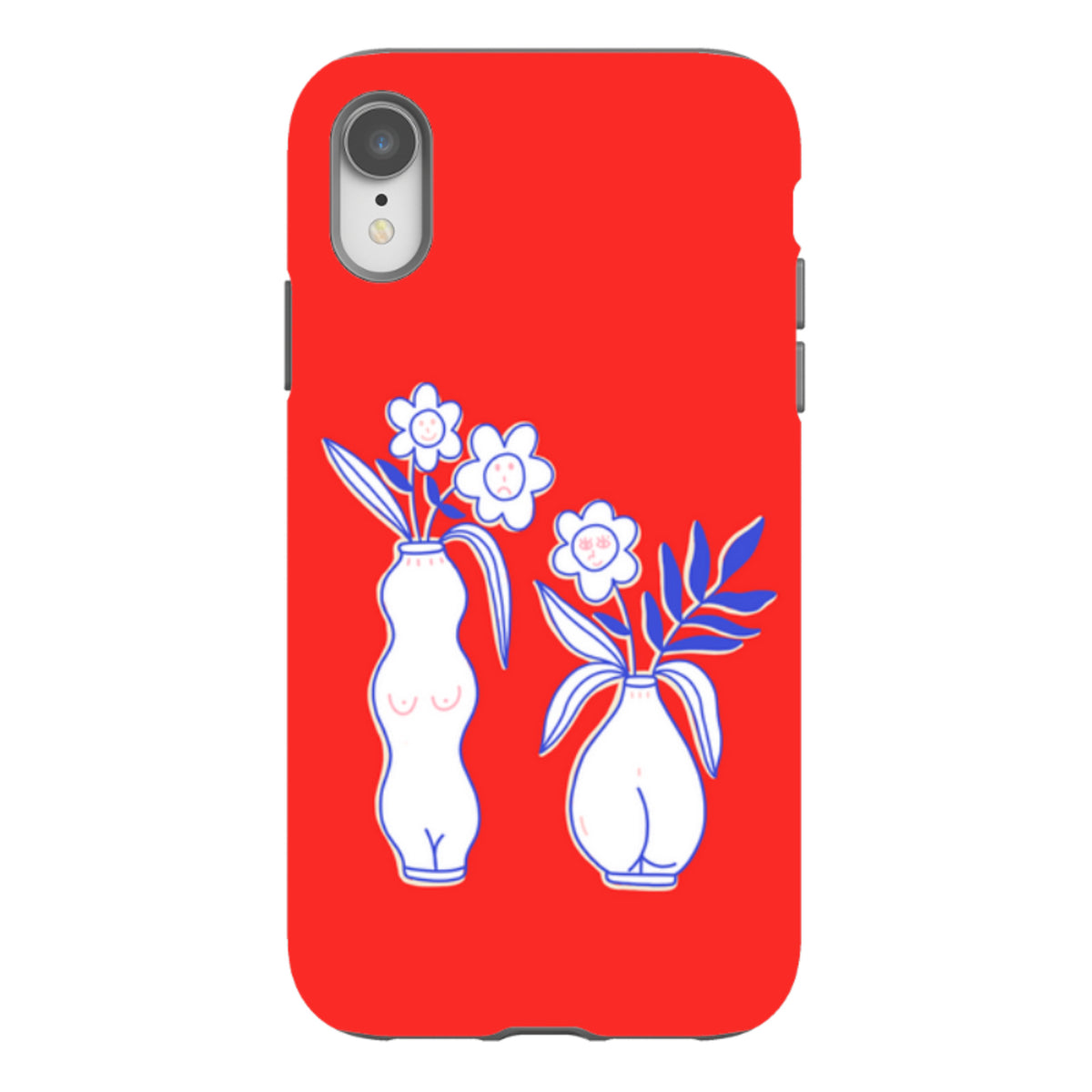 Red iPhone tough case featuring a white line-art illustration of two vases with flowers and faces.