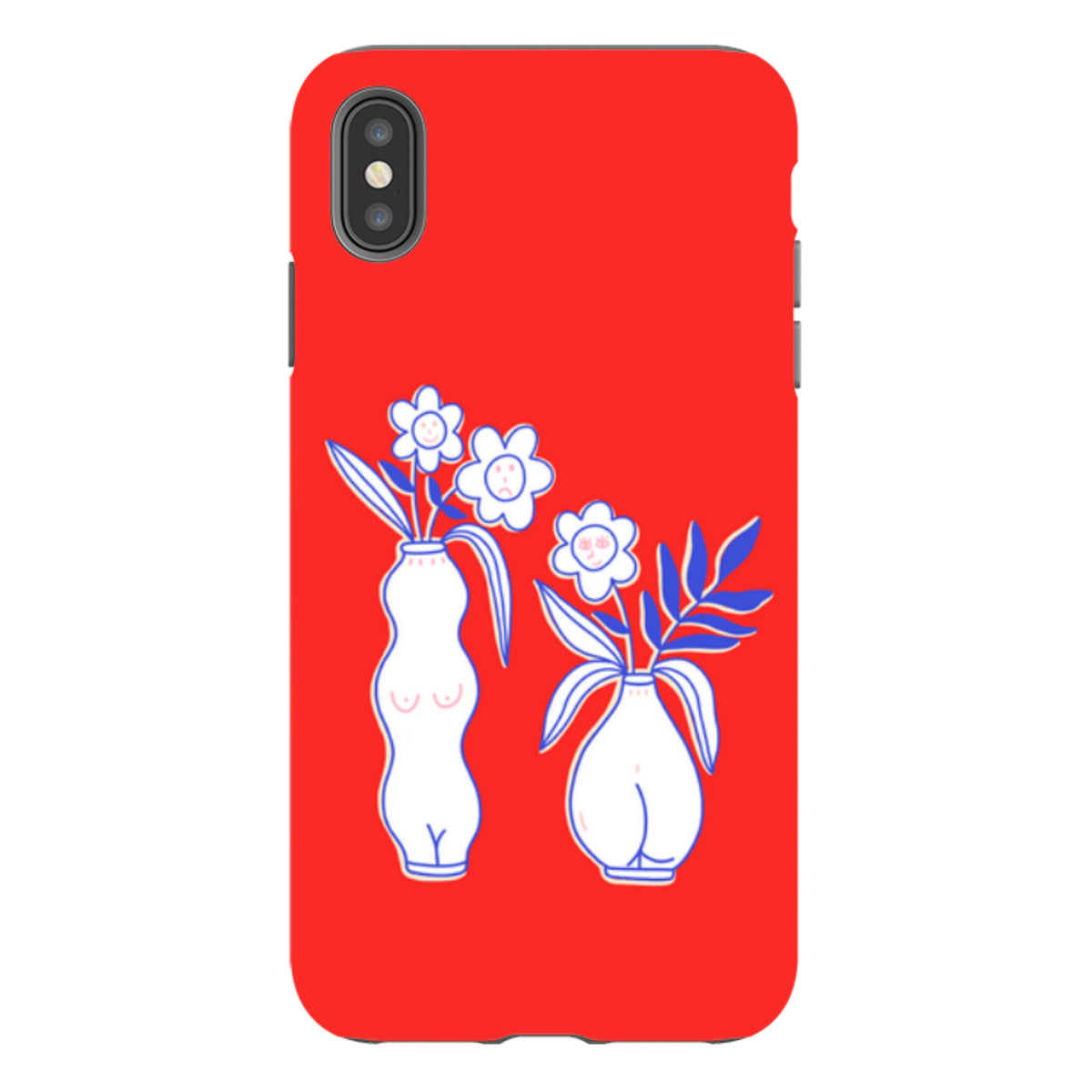 Red iPhone tough case featuring a white line-art illustration of two vases with smiling flower faces.