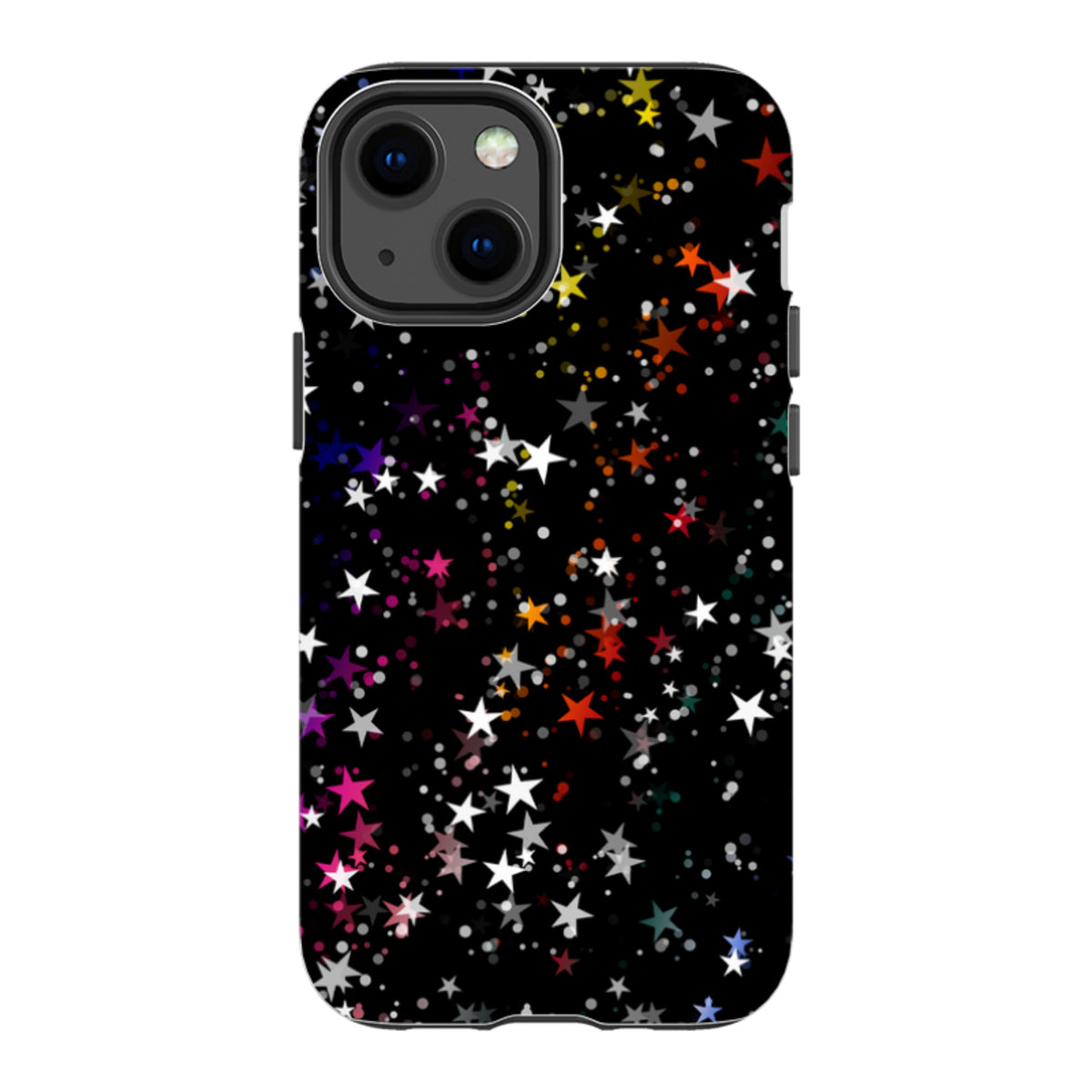 iPhone Tough Case in Vela design featuring a black background with colorful, high-definition star patterns.