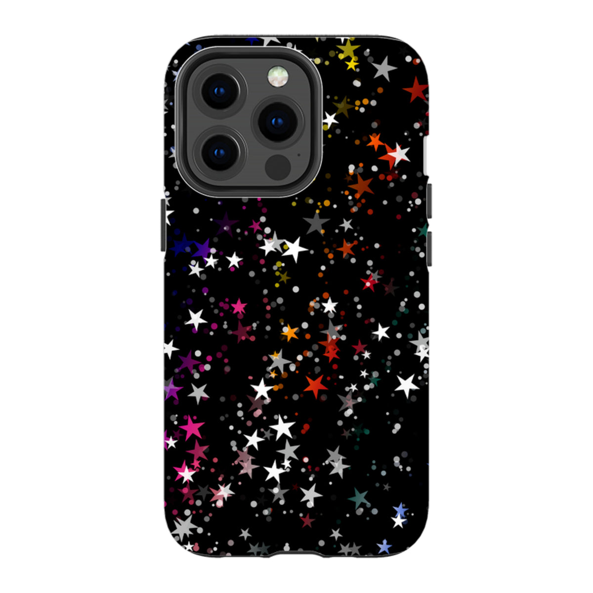 iPhone Tough Case in Vela design featuring a black background with a colorful, high-definition star pattern.