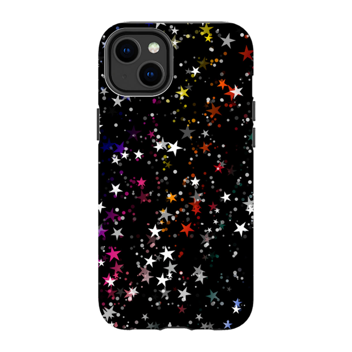 iPhone Tough Case featuring a black background with a vibrant, multi-colored star pattern and dual-layer protection.