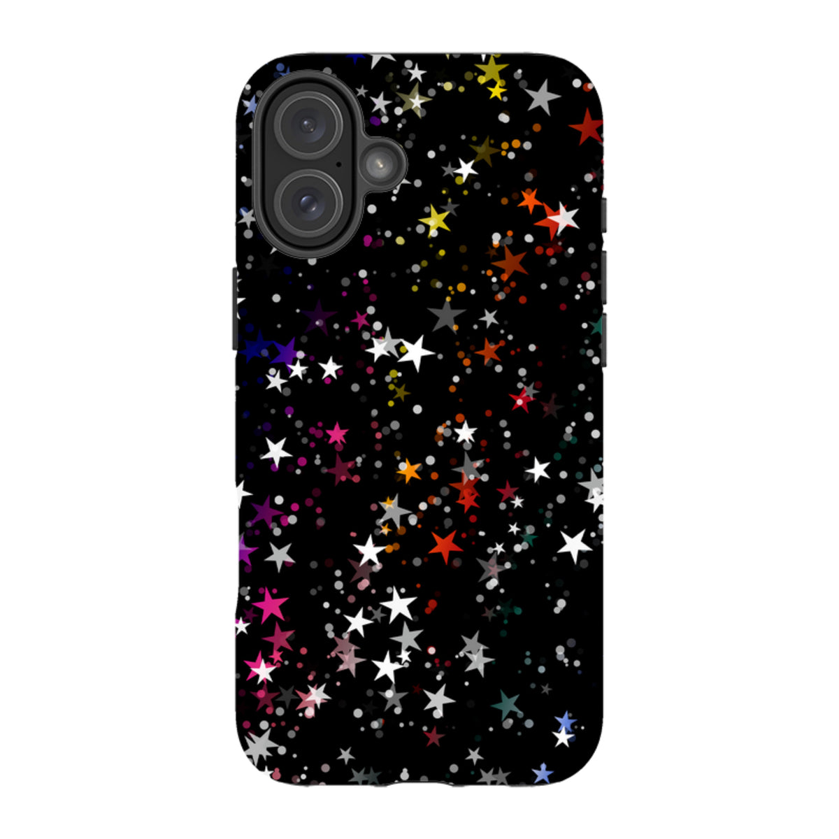 iPhone Tough Case in Vela design featuring a black background with a colorful, high-definition star pattern print.