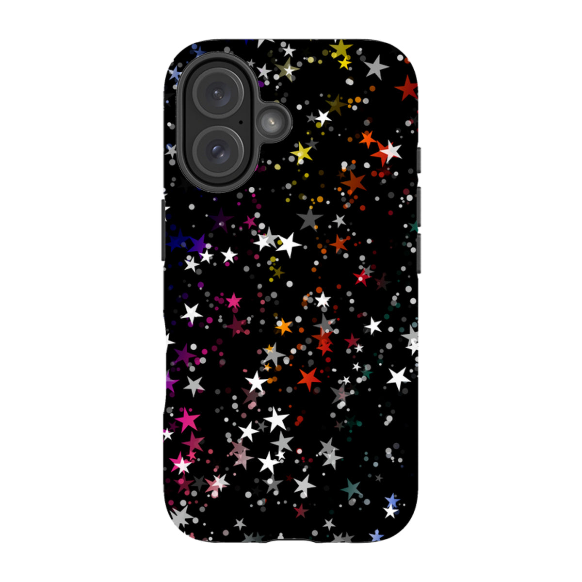 iPhone Tough Case in black featuring a vibrant, high-definition pattern of colorful stars and scattered confetti dots.