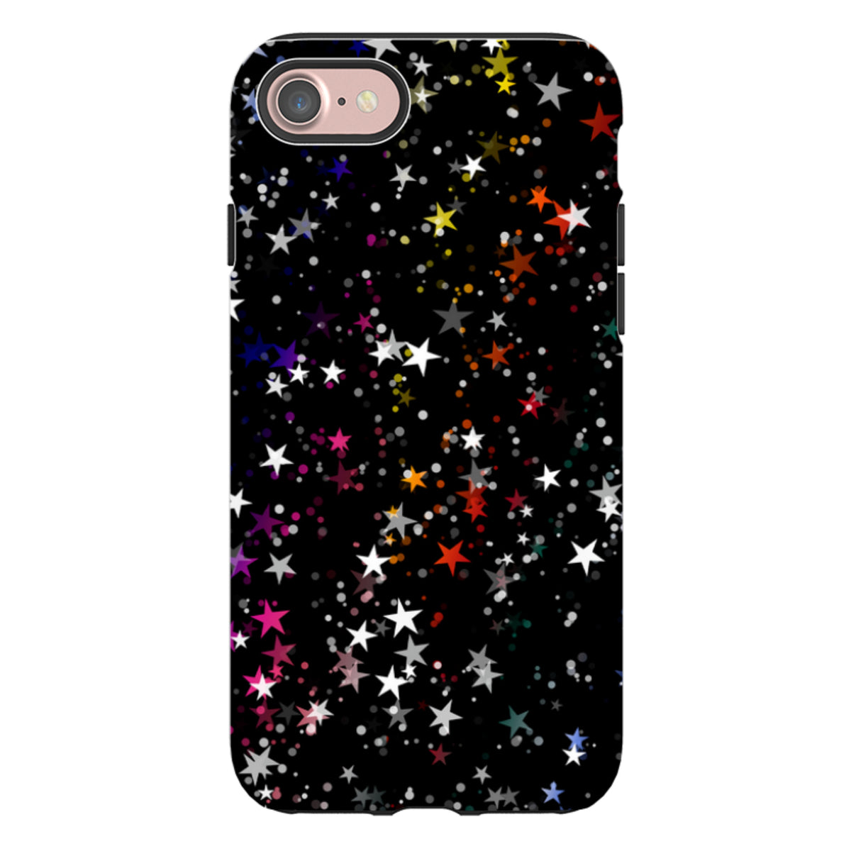 Vela dual-layer iPhone tough case featuring a vibrant, multi-colored star pattern on a sleek black background.