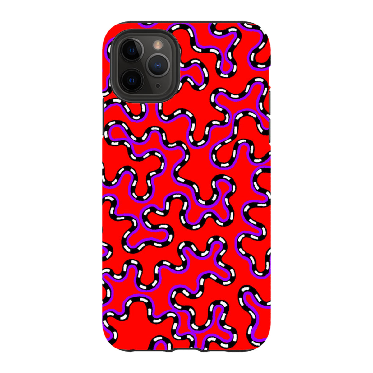 iPhone tough case with Cressida Bell Vermicular red, purple, and black abstract wavy pattern and dual-layer protection.