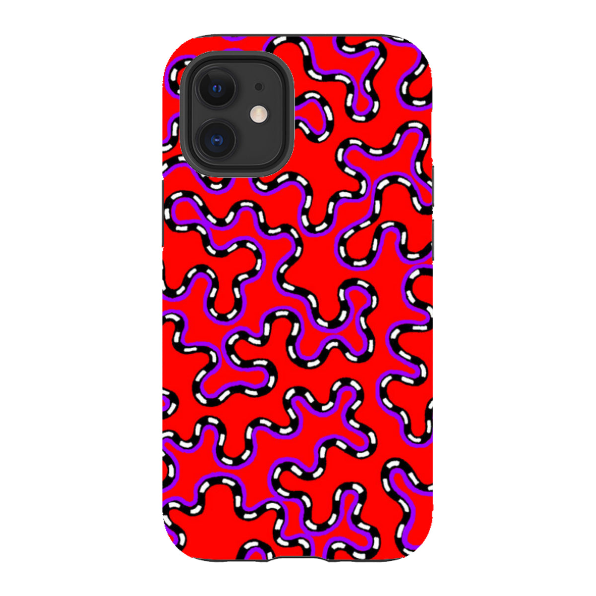 iPhone Tough Case featuring a vibrant red background with black and white wavy, vermicular patterns by Cressida Bell.