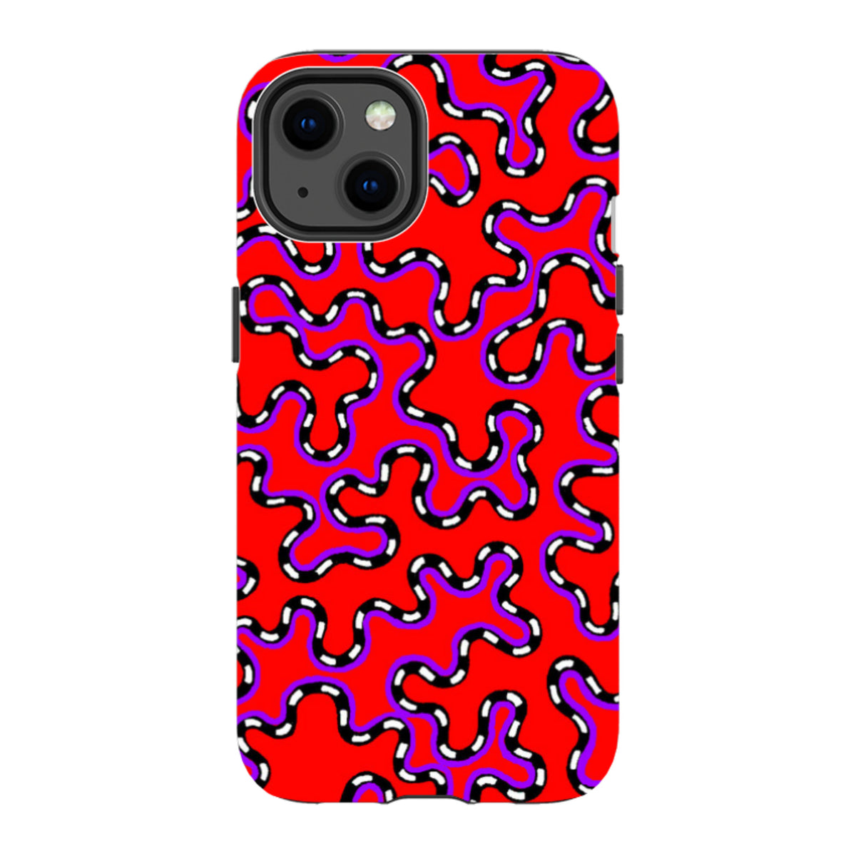 iPhone tough case with a red, black, and white vermicular pattern by Cressida Bell, featuring a dual-layer protective design.