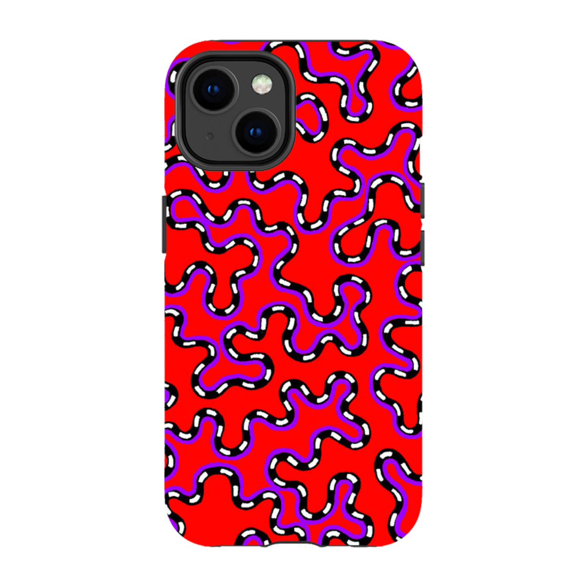 iPhone tough case with Cressida Bell Vermicular red, purple, and black abstract wavy line pattern and dual-layer design.