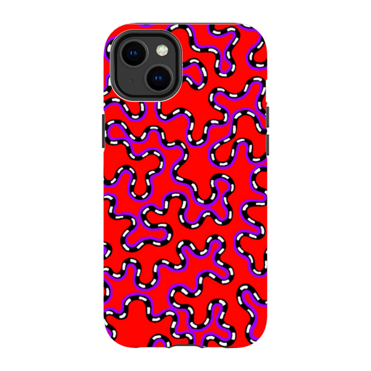 iPhone tough case with a vibrant red background and black and white wavy vermicular pattern by Cressida Bell.