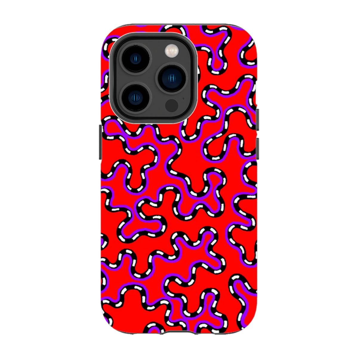 iPhone tough case with Cressida Bell Vermicular red, purple, and black-and-white wavy pattern and dual-layer protection.