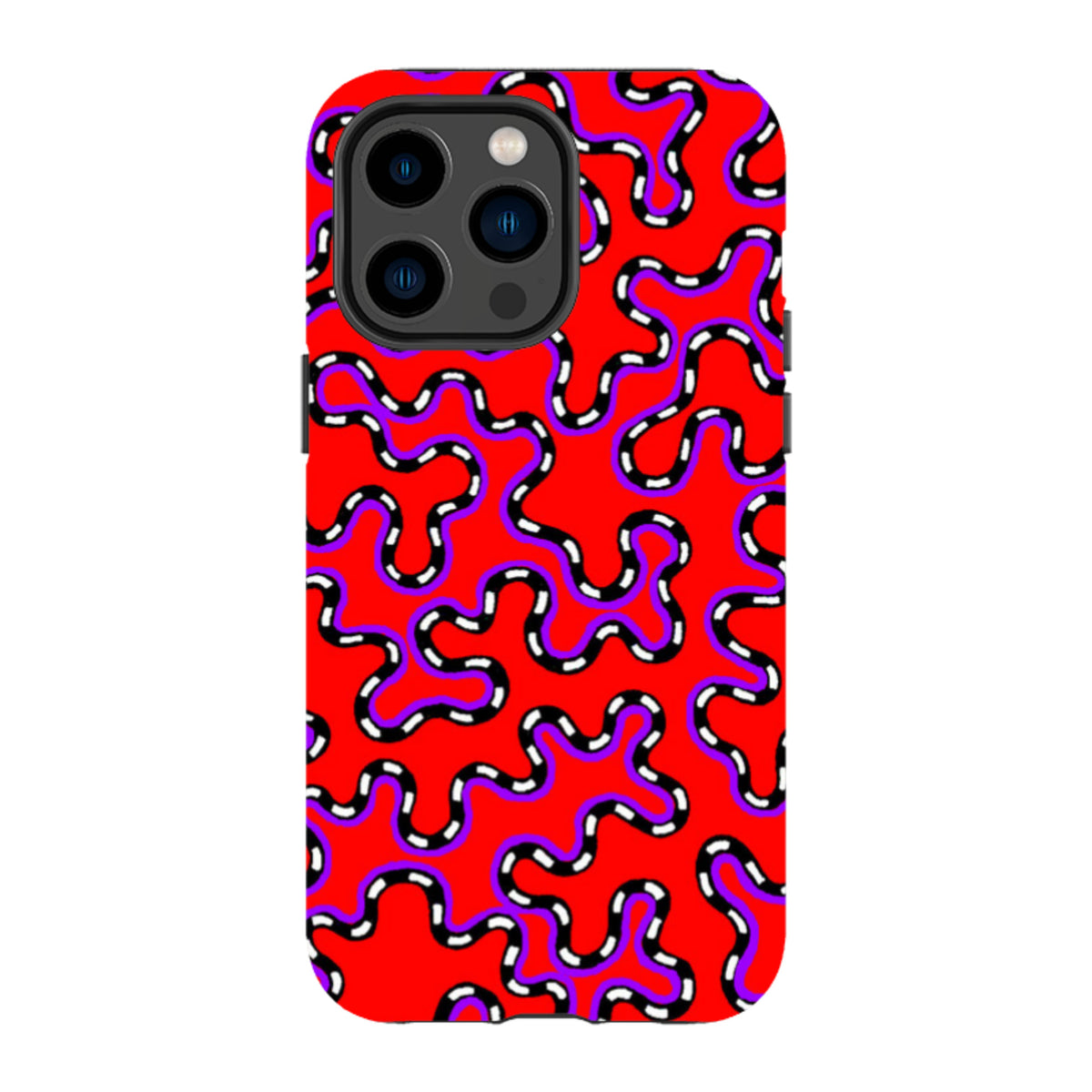 iPhone tough case with a vibrant red background and abstract black, white, and purple wavy line pattern by Cressida Bell.
