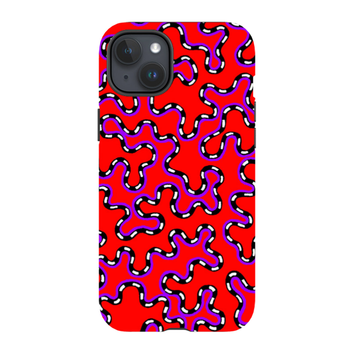 iPhone tough case with a red background and black, white, and purple vermicular pattern by Cressida Bell.