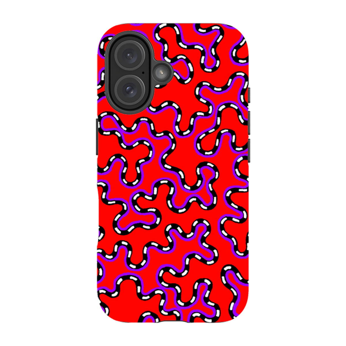 iPhone tough case featuring Cressida Bell's Vermicular red design with black and white wavy patterns and dual-layer protection.