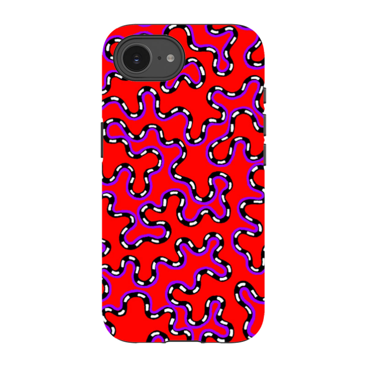 iPhone tough case with a vibrant red background and a black, white, and purple vermicular abstract wavy pattern.