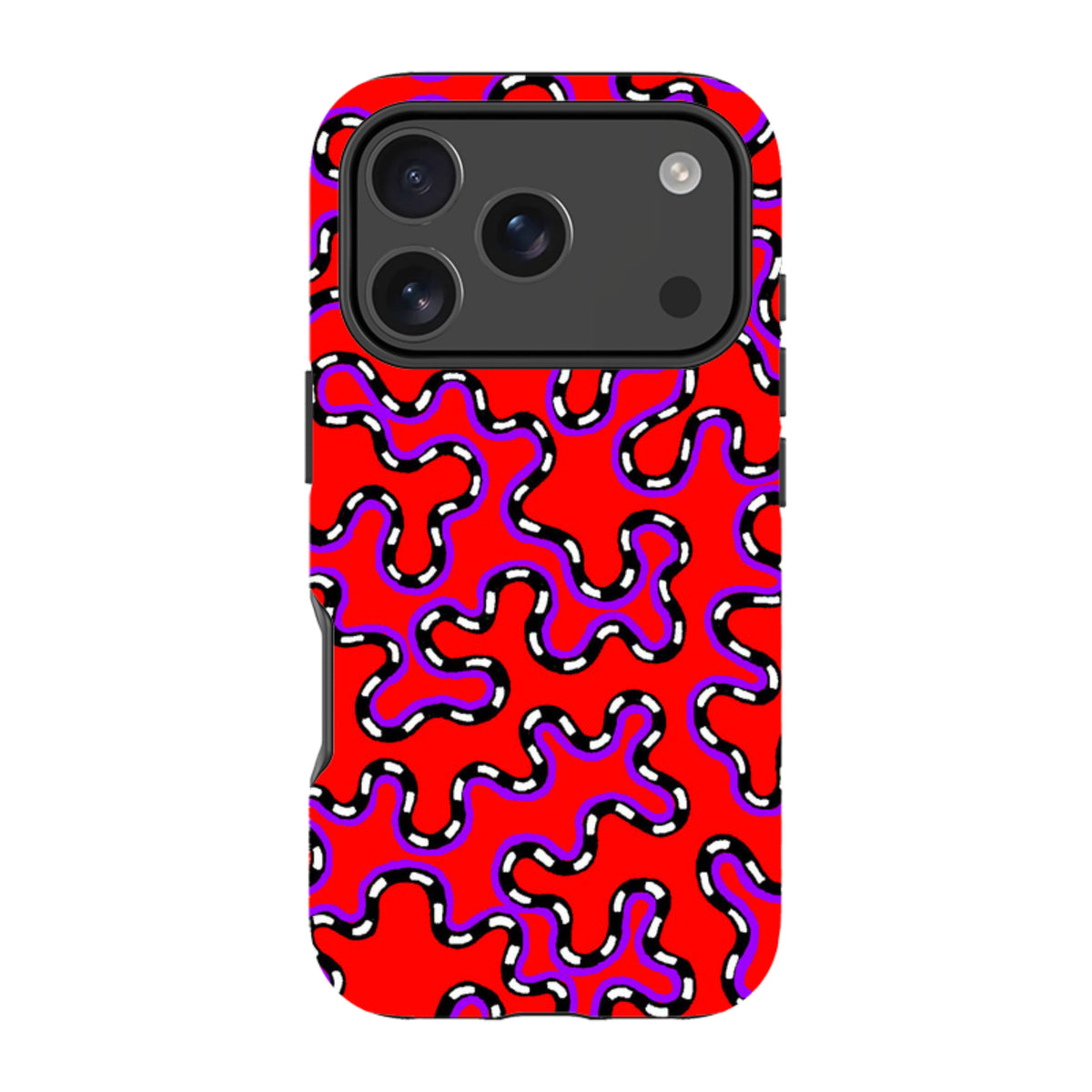 iPhone tough case featuring a red background with black and white wavy vermicular patterns by Cressida Bell.