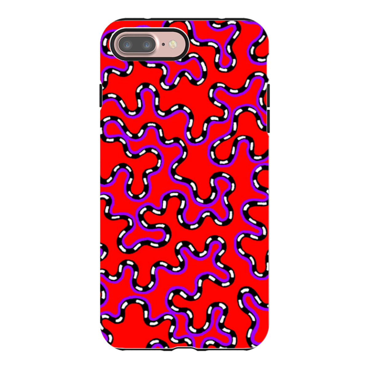 iPhone tough case featuring a red background with black, white, and purple wavy Vermicular pattern by Cressida Bell.