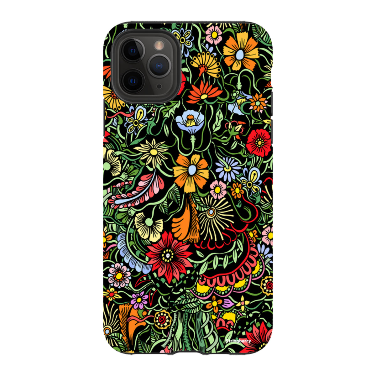 iPhone Tough Case in Verona design featuring a vibrant, colorful floral pattern on a black background with dual-layer protection.