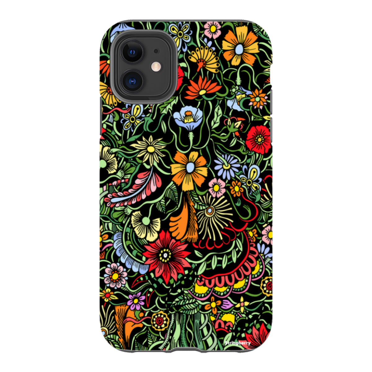 iPhone Tough Case in Verona design featuring a vibrant, colorful floral pattern on a black background with dual-layer build.