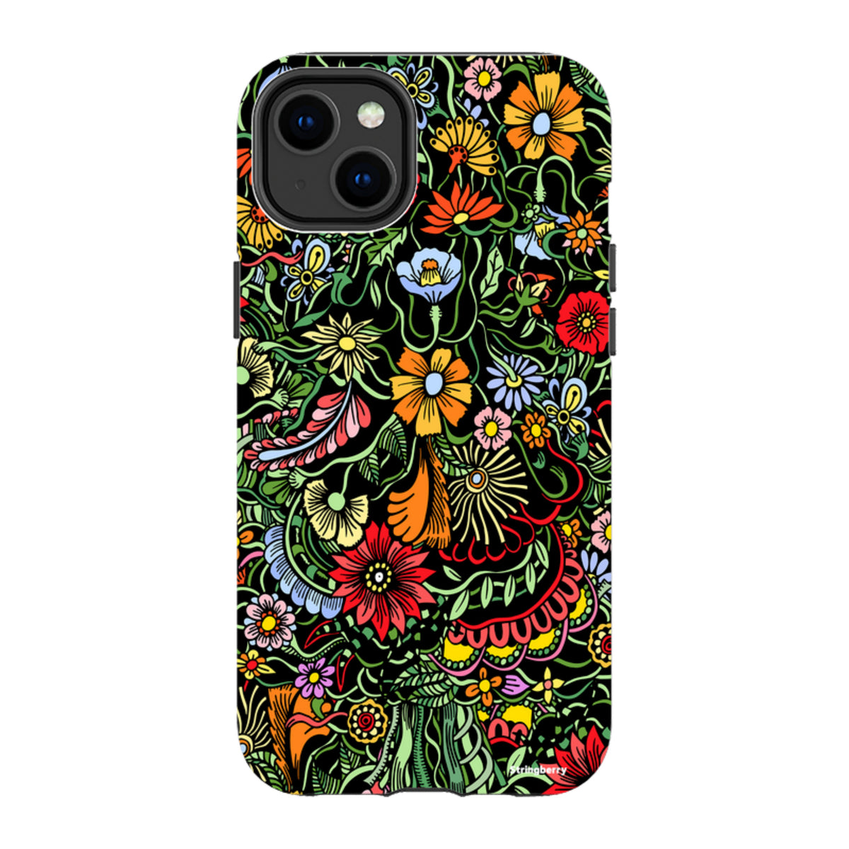 iPhone Tough Case in Verona design featuring a vibrant, colorful floral pattern on a black background with dual-layer protection.