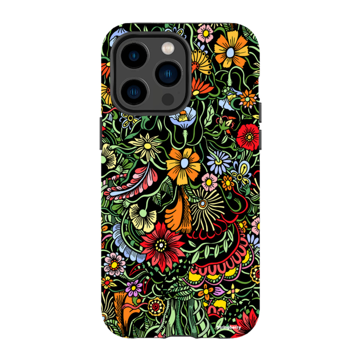 iPhone Tough Case in Verona design featuring a vibrant, multi-colored floral pattern on a black background.