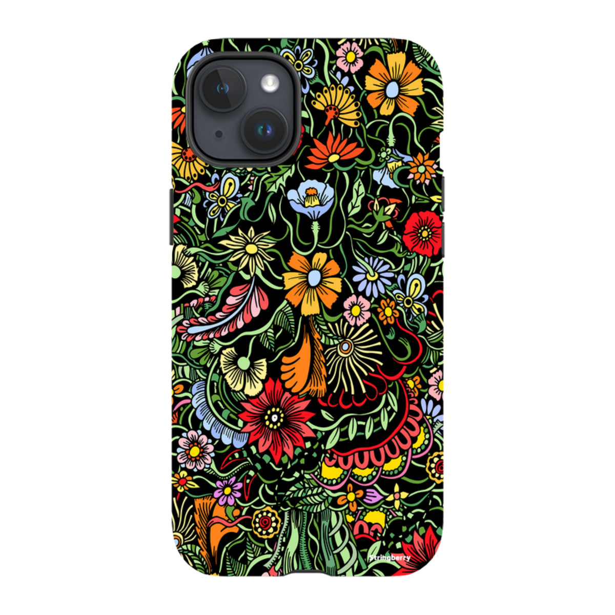 iPhone Tough Case in Verona design featuring a vibrant, colorful floral pattern on a black background with dual-layer protection.