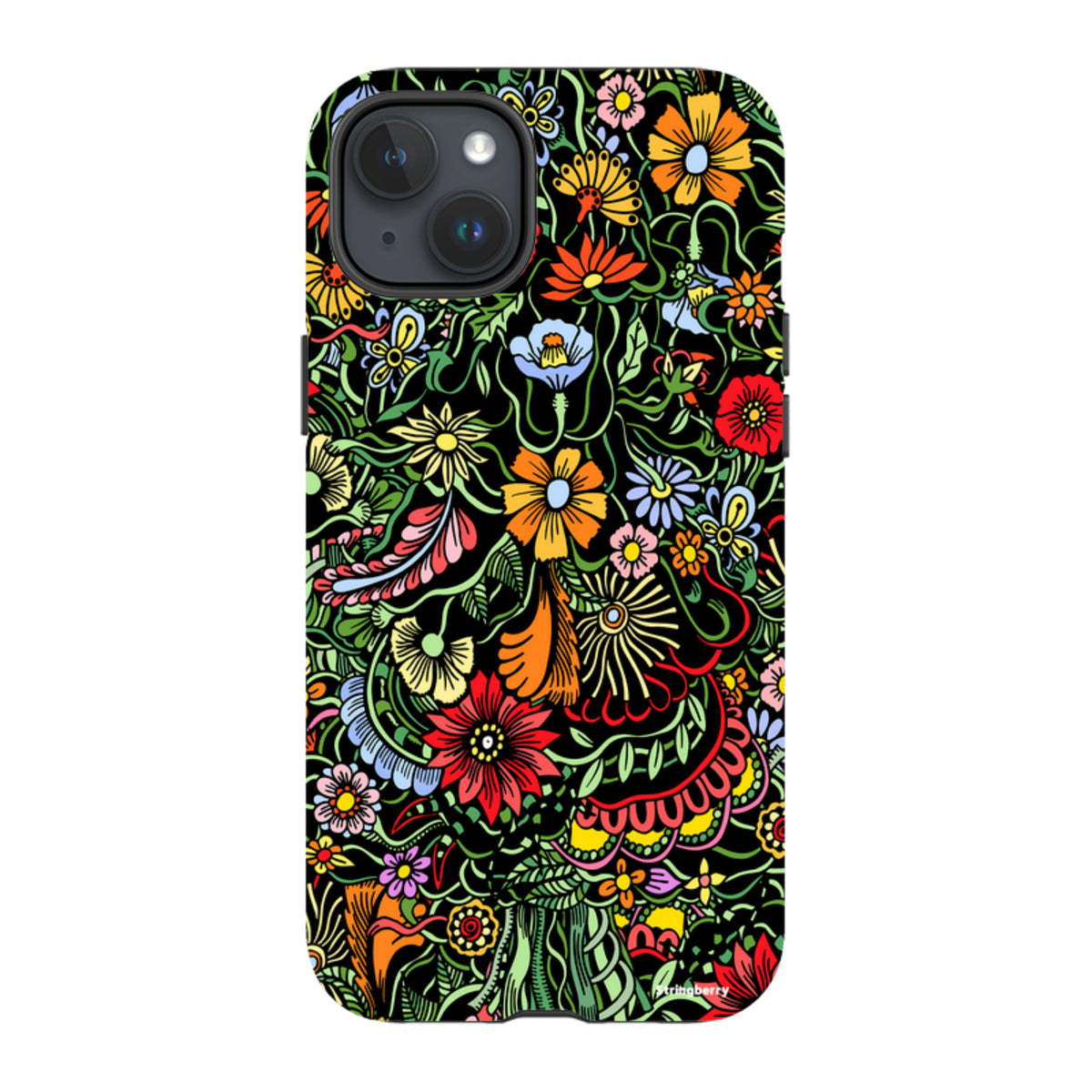 iPhone tough case featuring a vibrant, high-definition floral pattern with colorful blooms on a black background.