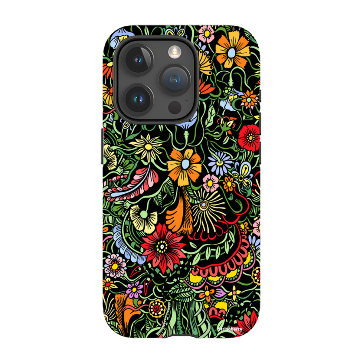 iPhone Tough Case in Verona design featuring a vibrant, colorful floral pattern on a black background with dual-layer protection.